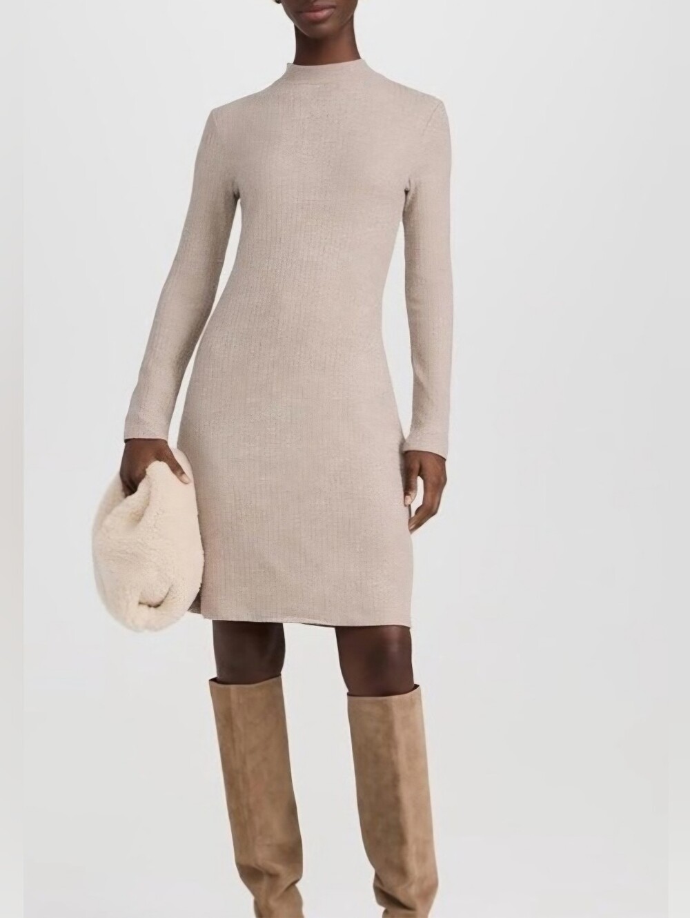 Vince Taupe Ribbed Mock-Neck Long-Sleeve Dress NWT